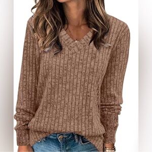 NWT Woman’s Brown V-Neck Ribbed Sweater Small Medium by Sampeel